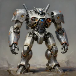 epic painting of a realistic four - legged intricate battle robot, rule of thirds, subject in center of frame, detailed science fiction artwork, trending on artstation