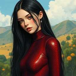 girl with long black hair in burgundy snake skin bodysuit at sunny hills biome. highly detailed, digital painting, watercolor, soviet realism, engraving, artstation, concept art, smooth, sharp focus, vivid grunge, manga, illustration, unreal engine 5, 8 k, art by bilibin and kilian eng and kuvshinov and malevich and mucha