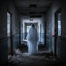 Infrared photo of a corridor inside an abandoned hospital showing a ghost figure, at night, noise