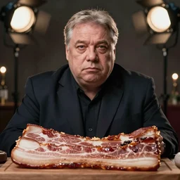 low angle close - up of haunting viktor orban sitting behind a table full of bacon, bokeh, studio lighting