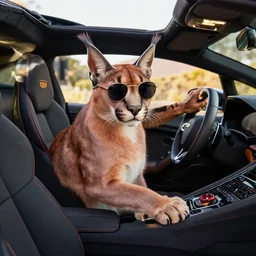 caracal riding inside a lamborghini, wearing shades, HD