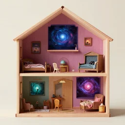 a dollhouse, in each room is a different with a cosmic horror, cutaway in wes anderson style, digital art, highly detailed