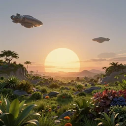 sunrise in alien planet, full of vegetation, hyper tech spaceships in the sky, colourful plants, trees, matte painting, high detail, artstation