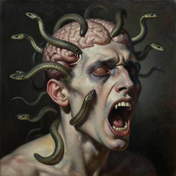 an oil on canvas painting of a screaming decapitated man's partially decomposing face with many biting serpents swarming out of his exposed brain, a surrealist painting, polycount, surrealism, surrealist, lovecraftian, cosmic horror, high detail