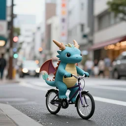 tiny little cute dragons riding a bike in the streets of tokyo