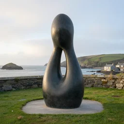 good morning! in the style of barbara hepworth, in an outdoor setting in saint ives, cornwall, 4 k resolution
