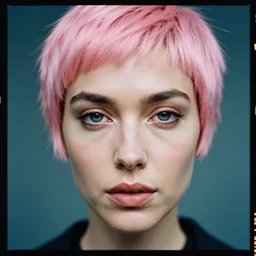 kodak portra 4 0 0, 8 k, highly detailed, britt marling style 3 / 4 photographic close - up face of a beautiful gal gadot with pink pixie cut hairstyle, cyberpunk, futuristic, cyberpunk style, symmetrical, hasselblad x 1 d - 5 0 c, medium format, soft light