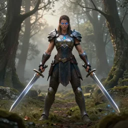 big muscular female warrior with glowing blue eyes wielding two swords apex legends armor, forest plains of yorkshire, misty forest, marvel cinematic universe concept art, good value control, digital painting, sharp focus, rule of thirds, 4k, centered, magic hour photography, atmospheric, moody colors