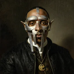 high quality celebrity painting of rap artist mf doom, hip hop artist mf doom with dimes raining down, mf doom portrait by the old dutch masters, rembrandt, hieronymous bosch, frans hals