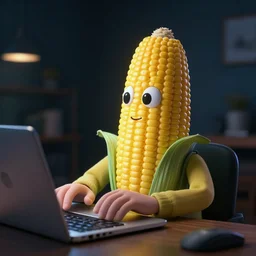 anthropomorphic corn cob typing on a laptop in a dark room, face illuminated, hyper realistic, 8 k