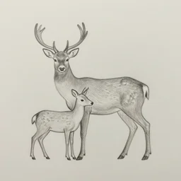 Male deer with female deer, simple minimalist pencil drawing
