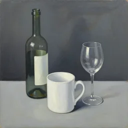 abstract monotone oil painting, minimal, white mug, glass bottle, wine glass, on a table. in the style of john craxton, similar aesthetics to ivon hitchins. picasso