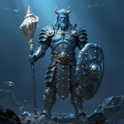 poseidon god, wearing oceanic ornamented armor, conch armor, wielding barnacle covered stone shield, full body concept, blue tone, beksinski, edward hooper, ruan jia