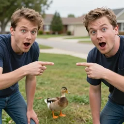 two men close to the camera are surprised mouth agape pointing at a small duck further back in the shot, realistic, digital photo, suburb, youtube thumbnail, clickbait