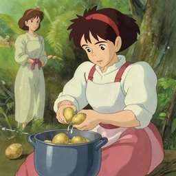 a wholesome animation key shot of a woman peeling potatoes in a pot outside, studio ghibli, pixar and disney animation, sharp, disney concept art watercolor illustration by mandy jurgens and alphonse mucha and alena aenami, pastel color palette, dramatic lighting