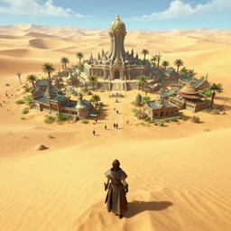 an isolated bustling religious warrior village with spiritual sacred alien architecture in the lush oasis of a vast hot sand desert, 3 rd person action adventure, screenshot, gameplay, final fantasy, square enix, jrpg, cutscene, unreal engine, 4 k, ultra high settings, rtx, next gen graphics, playstation 5