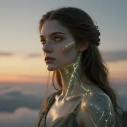 biblical shy beautiful female druid android, heavy eyes to the side, scu, bright glowing veins, in clouds, sunset, portrait, by gerald brom, by mikhail vrubel, by peter elson, muted colors, extreme detail, reflections, trending on artstation, 8 k