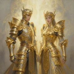 intricately decorated paladin duo, golden, ethereal back light, mist, coherent composition, fantasy painting by artgerm, noriyoshi ohrai, yuumei