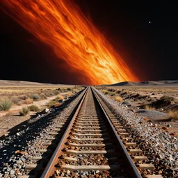 train tracks going to space in the distance, vibrant colors, by noah bradley