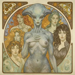 portrait of a grey alien demoness in the style of dariusz zawadzki, zdzislaw beksinski, giger, cam de leon, and stephen gammell, border and embellishments inspired by alphonse mucha