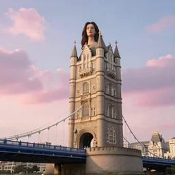 a giant girl towers over the bridge, against the background of the sky, clouds, pink sunset, classicism style
