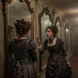 a beautiful victorian woman is frightened by her doppleganger in a mirror. she is in a long hallway of mirrors. elegant design, haunting atmosphere, dimly lit, gothic, horror style, mist, low angle, 3 / 4 view.