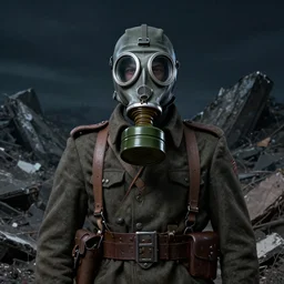 portrait of futuristic world war 1 russian soldier with gp - 5 gas mask on top of a giant debris pile, dark night background, moody colors, high details, dripping paint, greg rutkowski, craig mullins, ash thorpe, fibonacci rhythm ar
