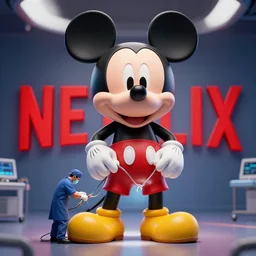 hyperrealistic render, beeple art, octane render of giant mickey mouse figure, workers performing surgery on it, netflix logo in the background