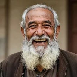photograph of an old man with very long beard laughing