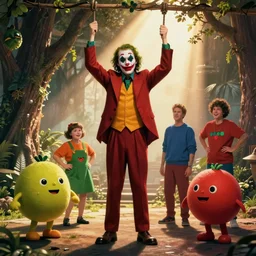 the joker hanging out with the wiggles, greg, murray, jeff and anthony