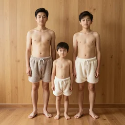 realistic photo portrait of the family wearing fluffy shorts, beautiful symmetrical faces, standing in the wooden polished and fancy expensive interior room next to a wooden bird idol sculpture 1 9 9 0, life magazine reportage photo