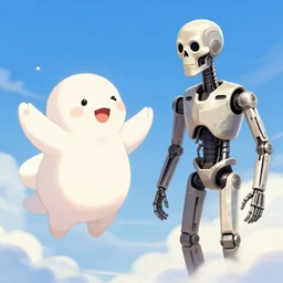 happy celestial being in heaven, talking to an terminator exoskeleton