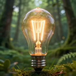 incandescent lamp in the foreground, paradise, nature, bulbs, idea, highly detailed vfx, cinematic