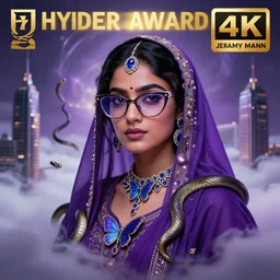 hyperrealistic portrait of a young hyderabadi muslim woman as a purple nymph with cateye glasses, sapphire butterfly jewellery, snakes emerging from mystic fog smoke, above the clouds skyscrapers. by jeremy mann, fantasy art, photo realistic, dynamic lighting, artstation, poster, volumetric lighting, 4 k, award winning