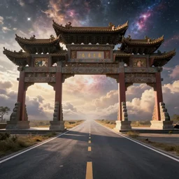 in universe, a sacred road leads into the distance, at the end of the road is an ancient chinese architectural archway with the universe in the background, clouds in middle, ultra realistic. fine details. volumetric light. 8 k. by moebius, alphonse mucha and mohrbacher. 4 k, crepuscular rays, cinematic lighting