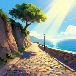 a lonely cobblestone street with a tree on a cliff over the sea, brightly illuminated by rays of sun, artstation, colorful sylvain sarrailh illustration, by peter chan, day of the tentacle style, weird curve perspective