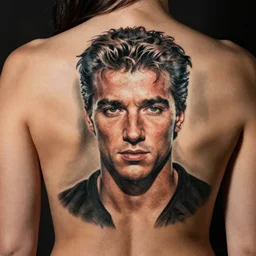 a hyper realistic tattoo of Jean Claude van damme on a woman’s back