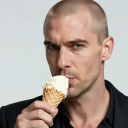 photo of Agent 47 buying ice cream, realistic face, detailed face