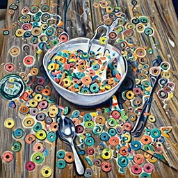 a still life painting by Kenne Gregoire of a wooden table with a white ceramic bowl of fruit loops cereal and milk