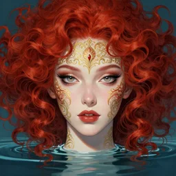beautiful ornate face of a woman with red curly hair poking out of water by Casey Weldon and Chie Yoshii, rich colors, intricate, elegant, highly detailed, centered, digital painting, artstation, concept art, smooth, sharp focus, illustration, octane render