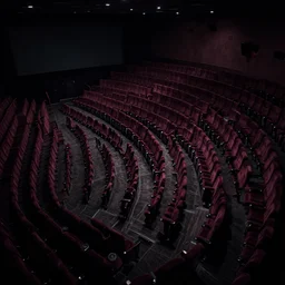 birdseye view of an infinite cinema hall. its hallways and seats are distorted and go around crazy. its is dark and very creepy. liminal space
