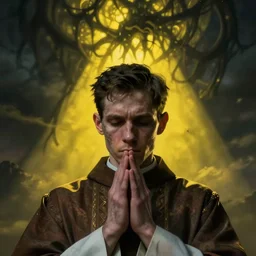 Close up of a young, thin and stern catholic priest in his thirties fervently praying as he is about to die from the ominous Lovecraftian yellow shadow descending upon him from the night sky. Low angle, dramatic lighting. Award-winning digital art, trending on ArtStation