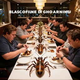 a photo of a hugely obese group of people peeling giant insects and eating them, gourmet guide photo, award winning, classy restaurant