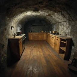 olumetric shadows, volumetric lighting, black goya painting of underground, basement, fisheye, curved perspective, naive, extra narrow, wooden kitchen, pot with steam on the burner, spoons, large floor, by rhads and gaudi