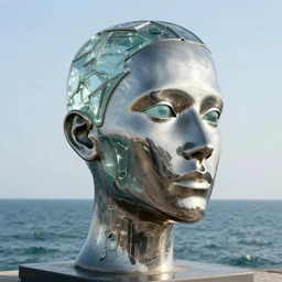 a human head metal and glass sculpture on the sea, in the style of chad knight, hyper detailed, hyper realistic, ray tracing, 8 k resolution, sharp focus