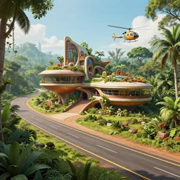 cinematic still of hyper detailed highway realistic afro futurist house in a jungle by frank lloyd wright architect, helicopters, wide angle, insanely detailed and intricate, summer colors