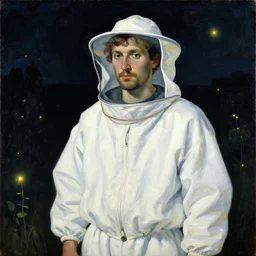 painting by mikalojus konstantinas ciurlionis, bosch. portrait of a man in white beekeeping suit at night with fireflies