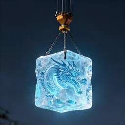 a crane lifting a huge block of glowing ice with a dragon head inside it, concept art, digital painting, trending on artstation, deviantart, highly detailed, perfect composition, dramatic lighting, sharp focus, 8 k uhd