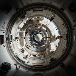 a cinematic view of the inside of an orbital space habitat