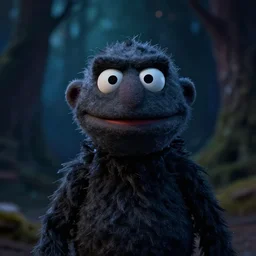focus portrait of dark angry fluffy muppet in night, dark forest background, bokeh, inspired by Tim Burton, octane render